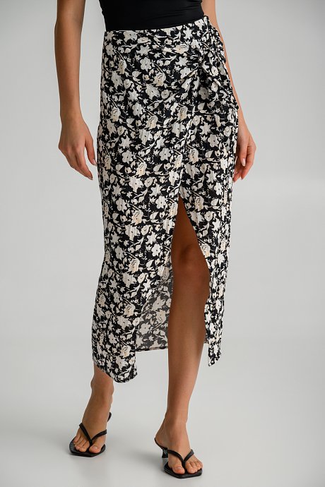 Midi floral skirt with front opening and wrap-style tie
