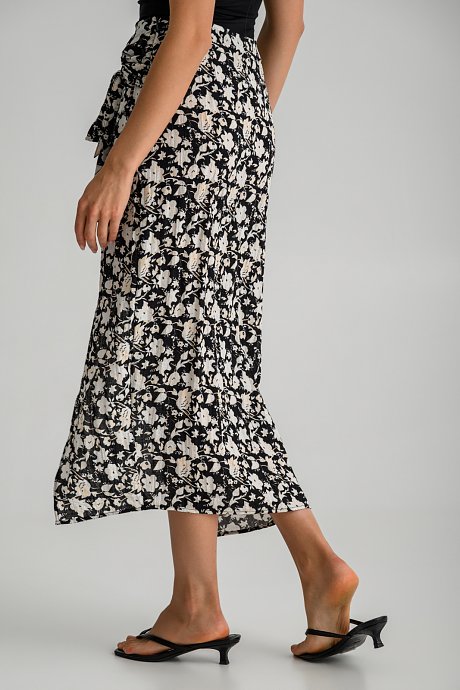 Midi floral skirt with front opening and wrap-style tie