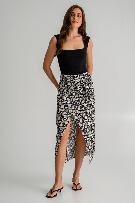 Midi floral skirt with front opening and wrap-style tie