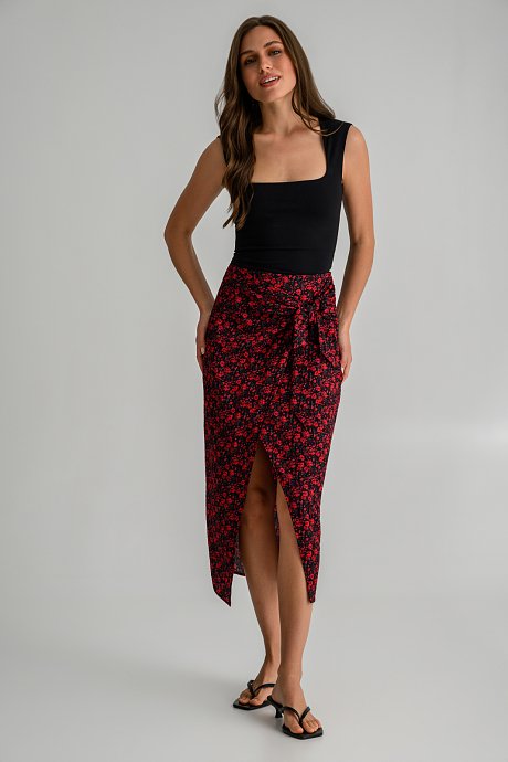 Midi floral skirt with front opening and wrap-style tie