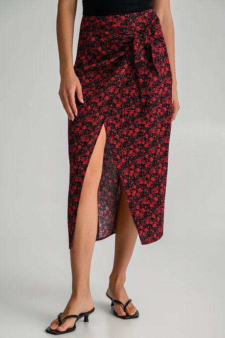 Midi floral skirt with front opening and wrap-style tie