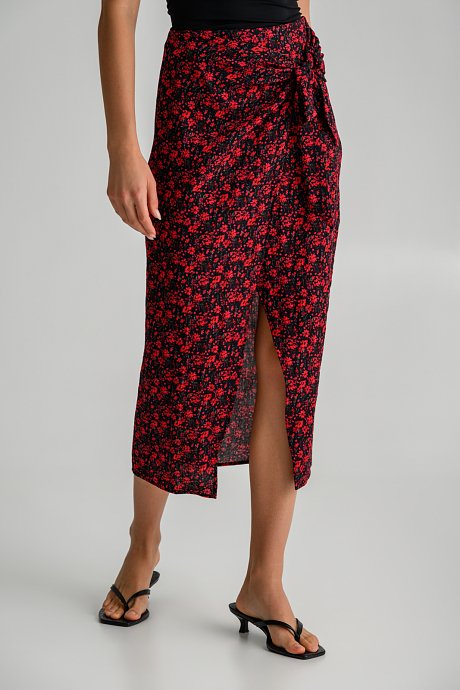 Midi floral skirt with front opening and wrap-style tie
