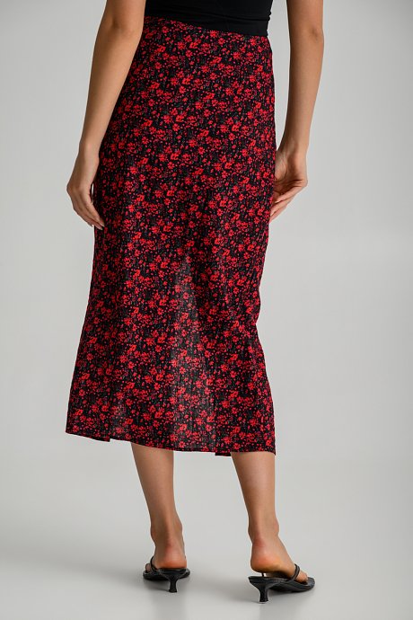 Midi floral skirt with front opening and wrap-style tie
