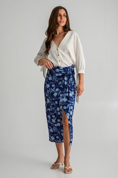 Midi floral skirt with front opening and wrap-style tie
