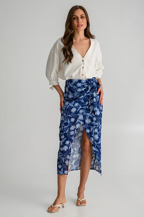 Midi floral skirt with front opening and wrap-style tie