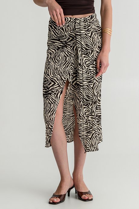 Midi zebra print skirt with front slit and draped detail