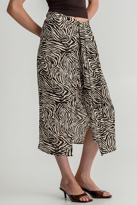 Midi zebra print skirt with front slit and draped detail