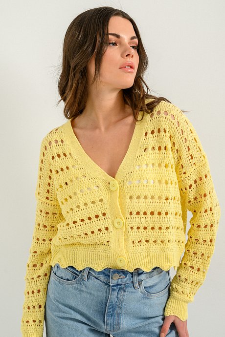 Net knitted cardigan with wavy details