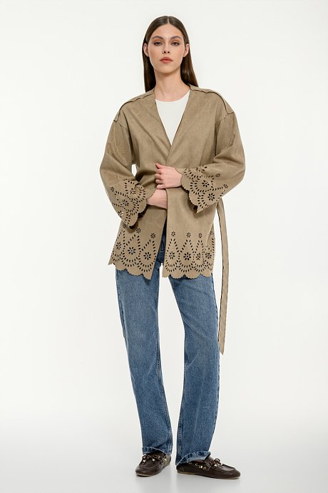 Suede kimono with perforated details and belt