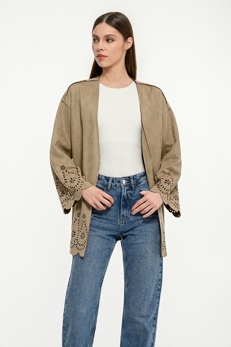 Suede kimono with perforated details and belt
