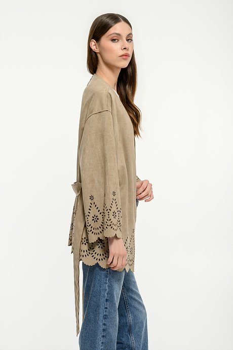 Suede kimono with perforated details and belt