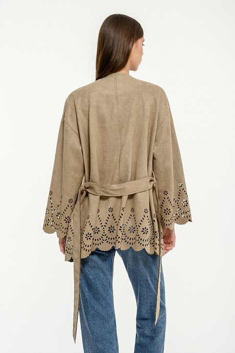 Suede kimono with perforated details and belt