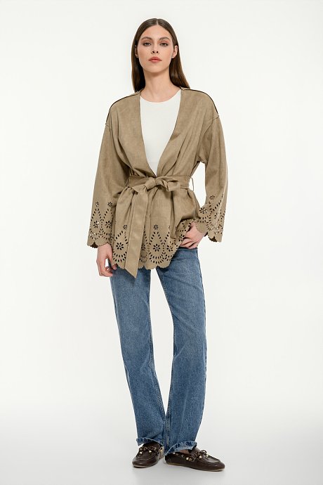 Suede kimono with perforated details and belt