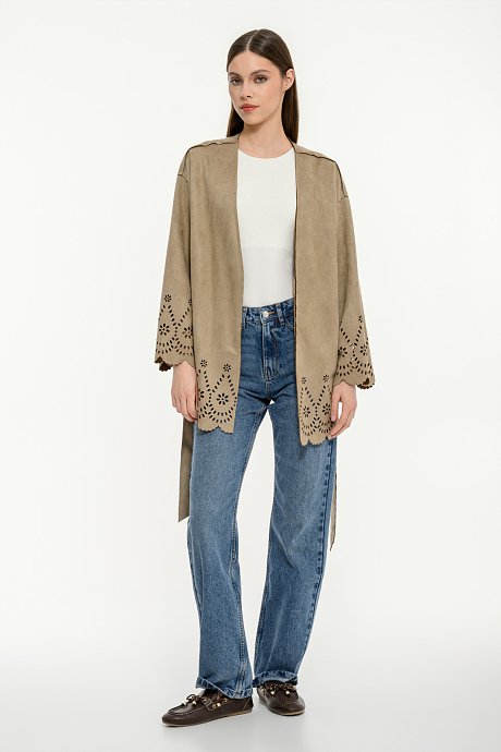 Suede kimono with perforated details and belt