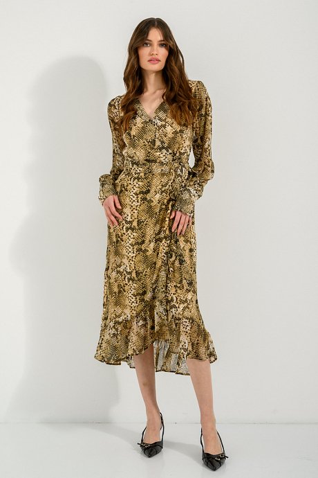 Midi dress with ruffle details and snake print