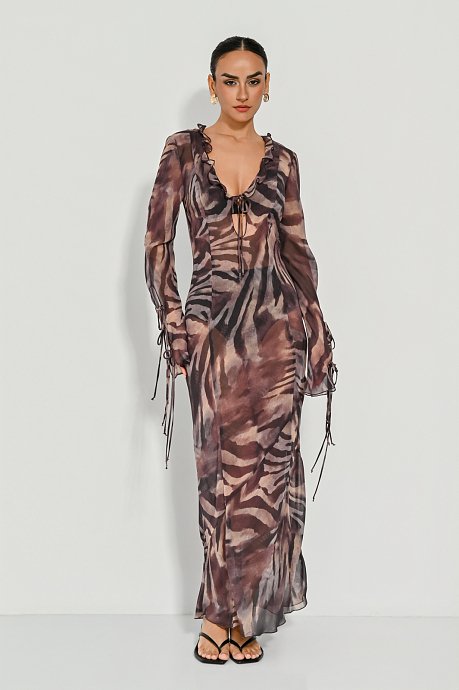 Maxi ημιδιάφανο φόρεμα με zebra print και βολάν