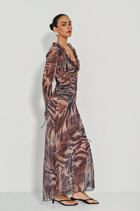 Maxi ημιδιάφανο φόρεμα με zebra print και βολάν