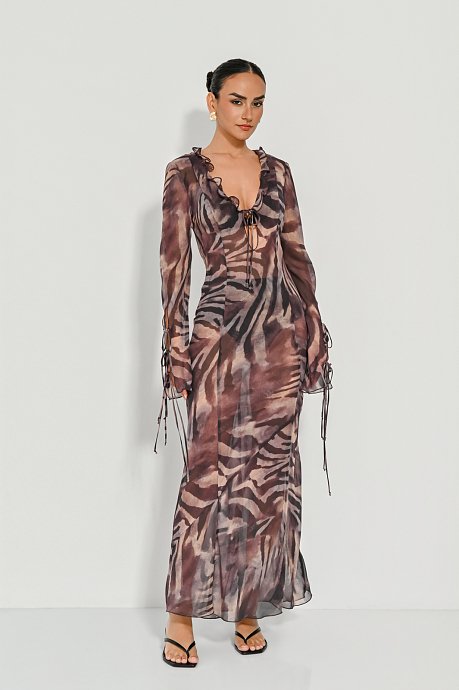 Maxi ημιδιάφανο φόρεμα με zebra print και βολάν