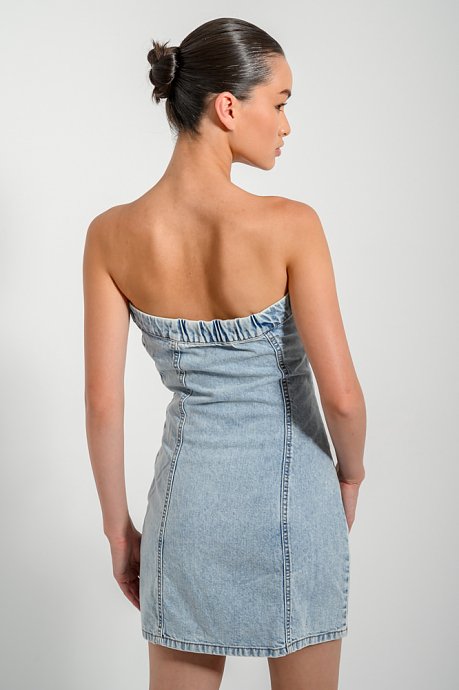 Mini denim strapless dress with buttons
