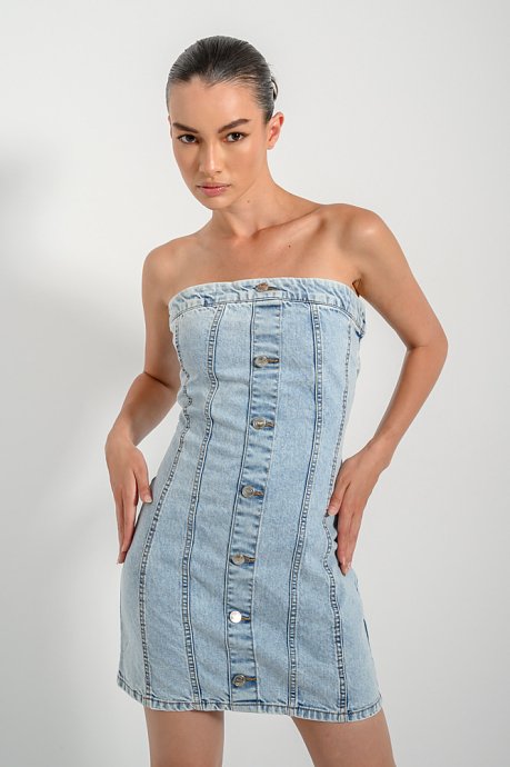 Mini denim strapless dress with buttons