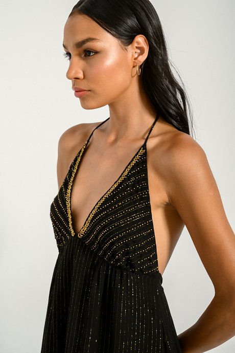 Midi dress with gold thread and cut out detail