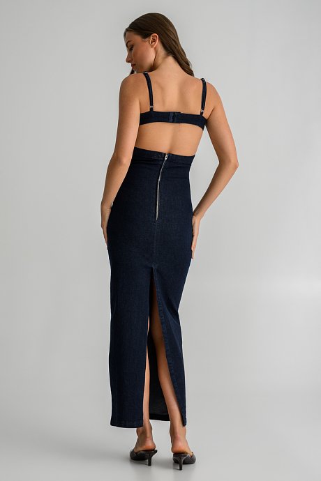 Maxi denim dress with cut-out and slit detail