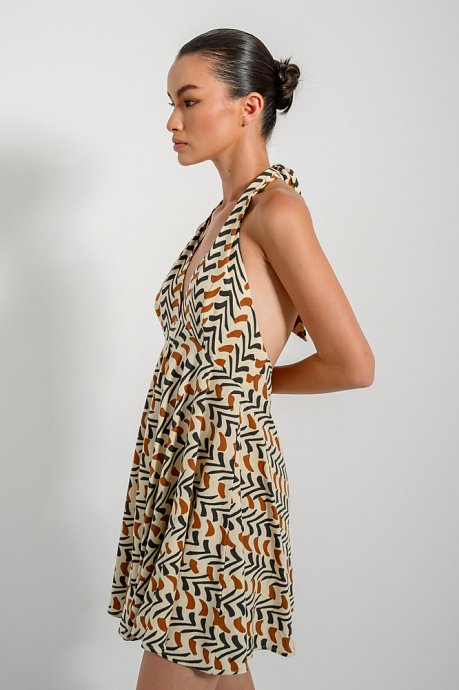 Μίνι λινό φόρεμα με print και λαιμόκοψη halter