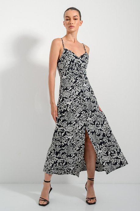 Midi φόρεμα με print και άνοιγμα μπροστά