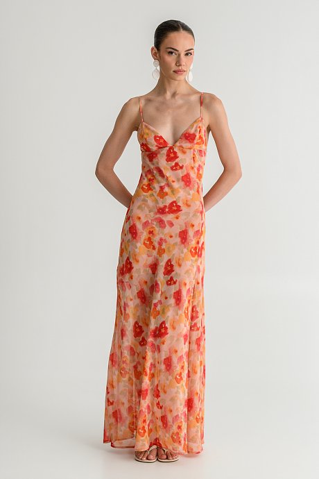 Maxi sleeveless floral chiffon dress with slit detail