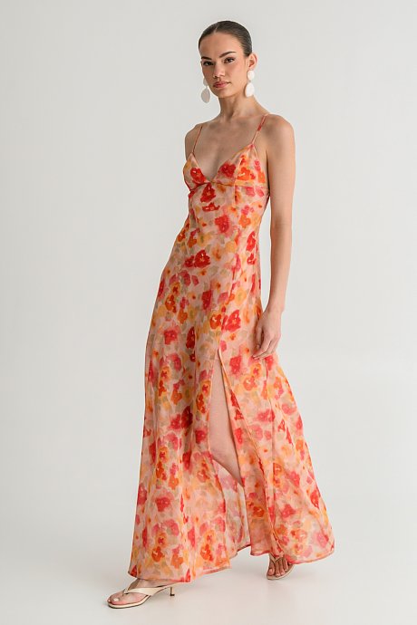 Maxi sleeveless floral chiffon dress with slit detail