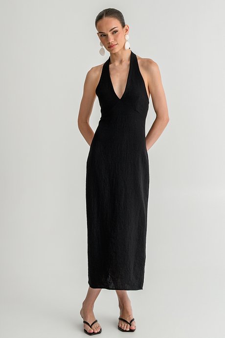 Midi rustic halter dress with slit detail on the back