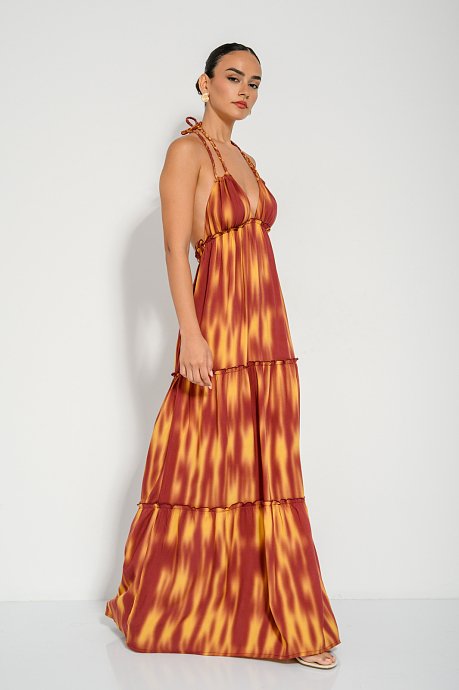 Maxi dress with tie dye print and neck tie