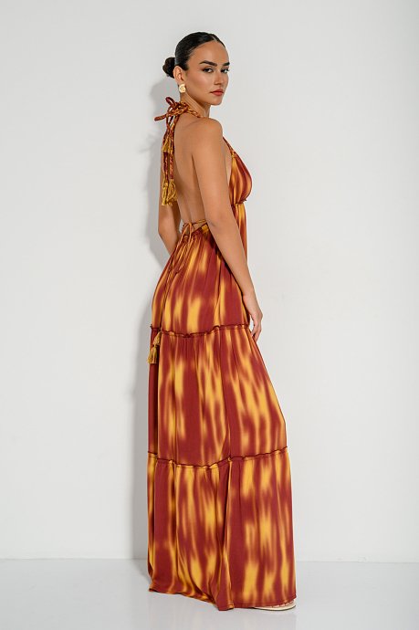 Maxi dress with tie dye print and neck tie