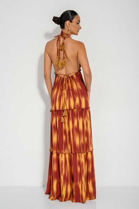 Maxi dress with tie dye print and neck tie