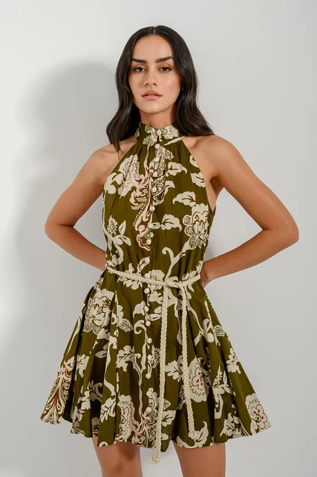 Μίνι halter φόρεμα με print και ασορτί ζώνη