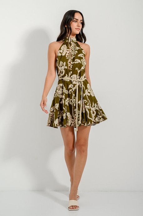 Mini halter dress with print and matching belt
