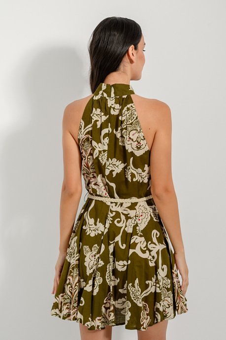 Μίνι halter φόρεμα με print και ασορτί ζώνη