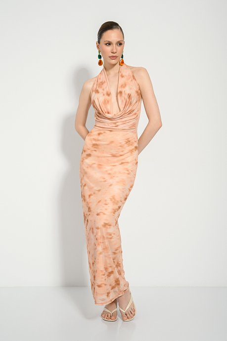 Maxi ντραπέ τούλινο φόρεμα με tie dye print