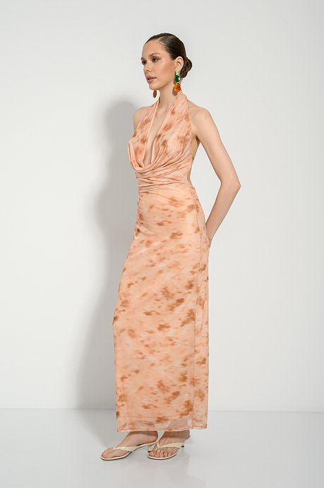 Maxi ντραπέ τούλινο φόρεμα με tie dye print