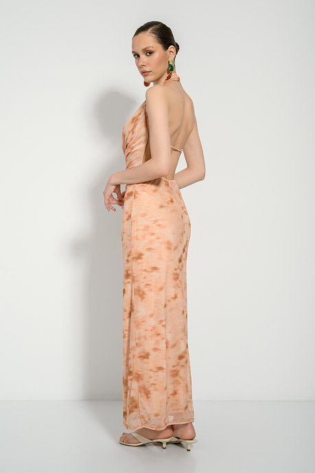 Maxi ντραπέ τούλινο φόρεμα με tie dye print