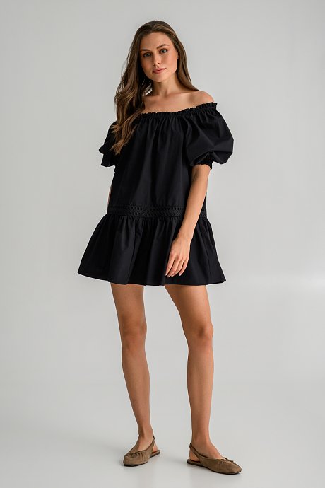 Mini off shoulder poplin dress with ruffled hem