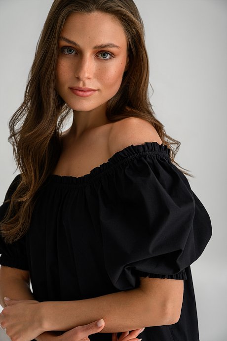 Mini off shoulder poplin dress with ruffled hem