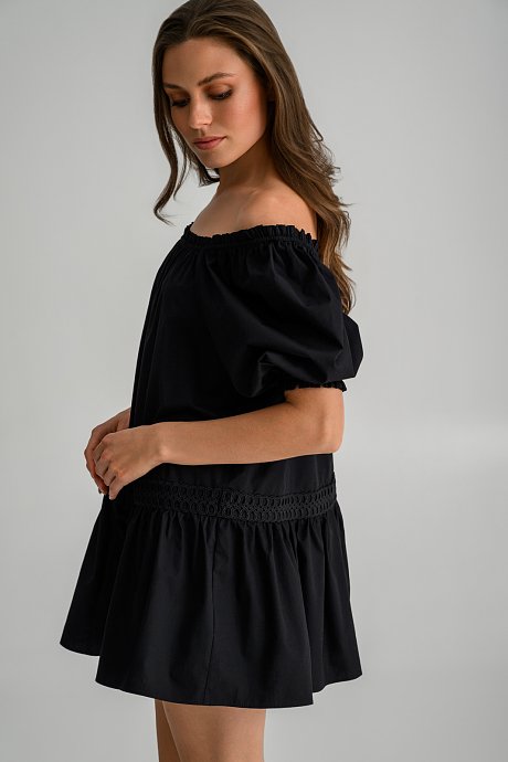 Mini off shoulder poplin dress with ruffled hem