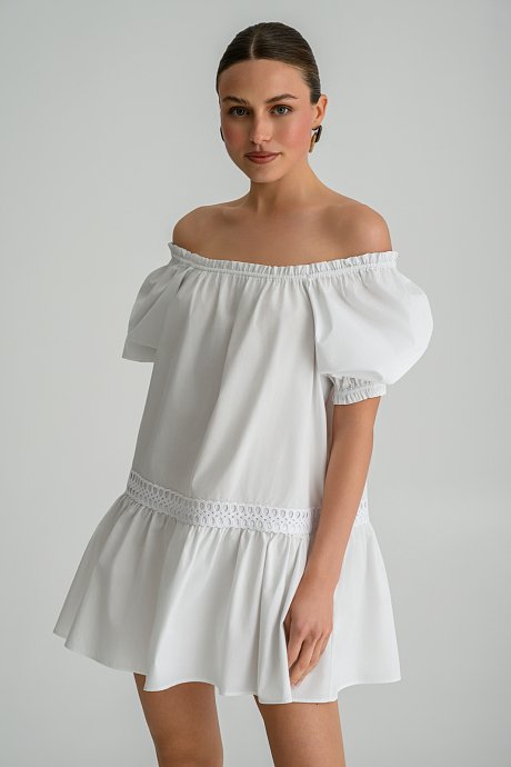 Μίνι φόρεμα ποπλίνα off shoulder με βολάν