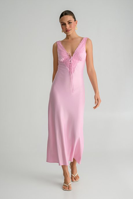 Midi dress with lace neckline and satin effect
