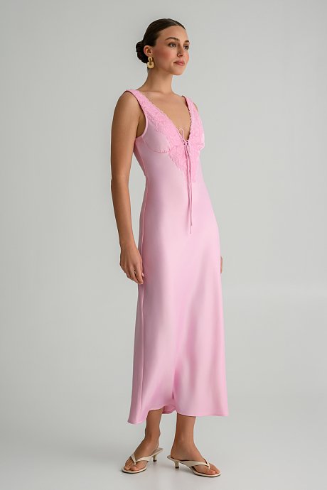 Midi dress with lace neckline and satin effect