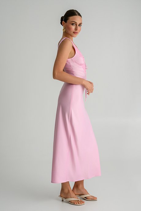 Midi dress with lace neckline and satin effect