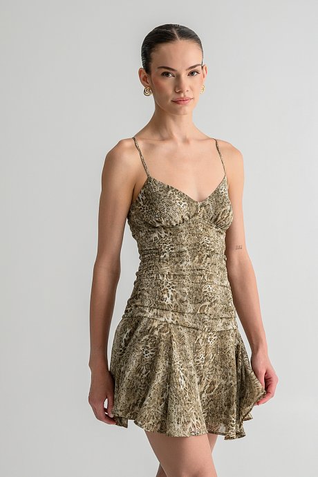 Mini dress with snake print and cross-back