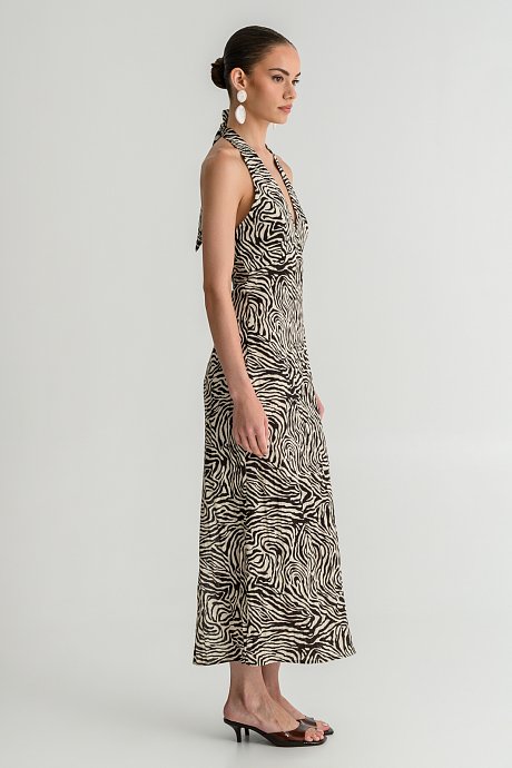Midi rustic halter dress with slit detail and zebra print