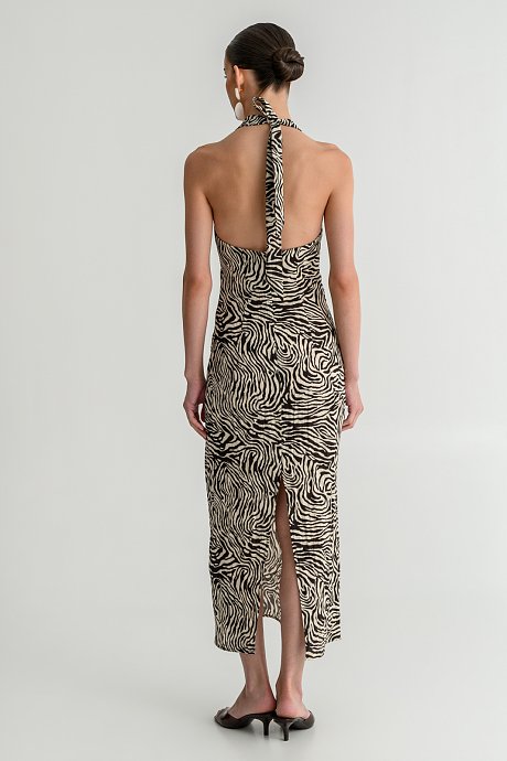 Midi rustic halter dress with slit detail and zebra print